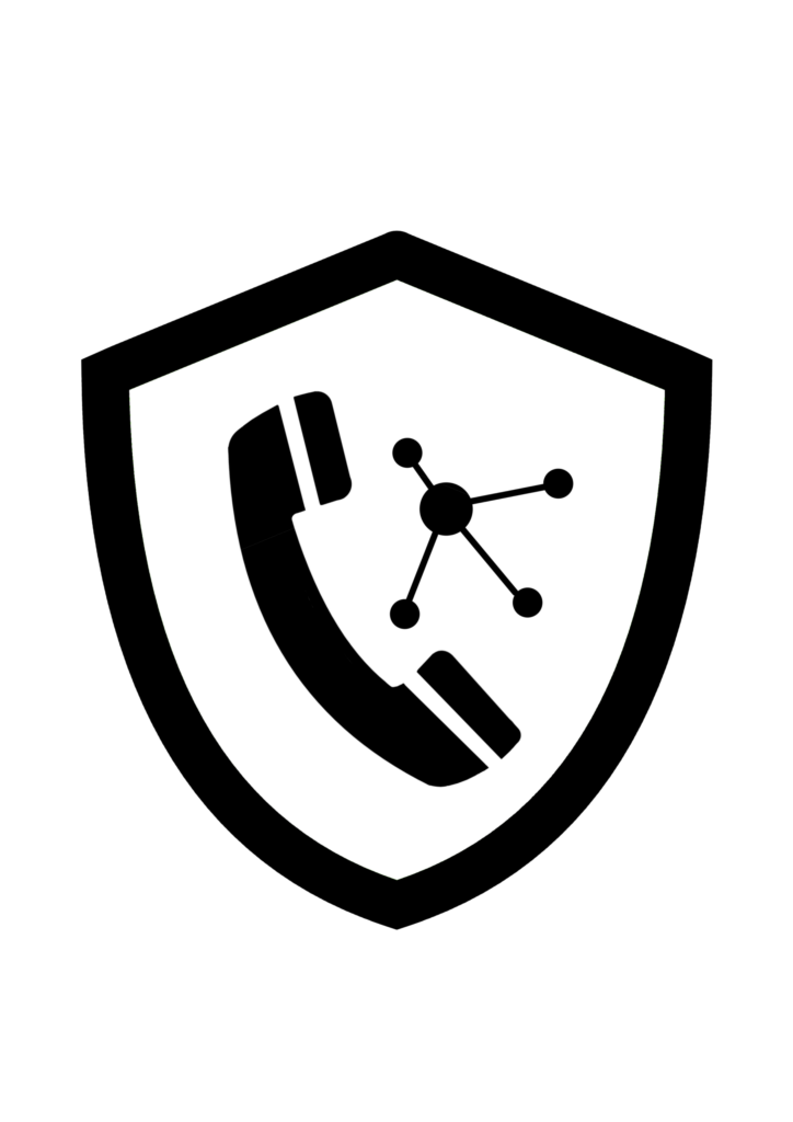 PBX Phone Systems icon – A telephone handset with networked nodes within a shield, representing reliable enterprise communication design.