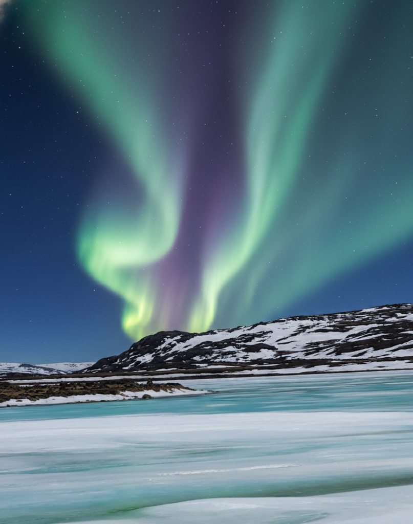 Green and purple northern lights shimmering over a snowy, frozen landscape in the Northwest Territories