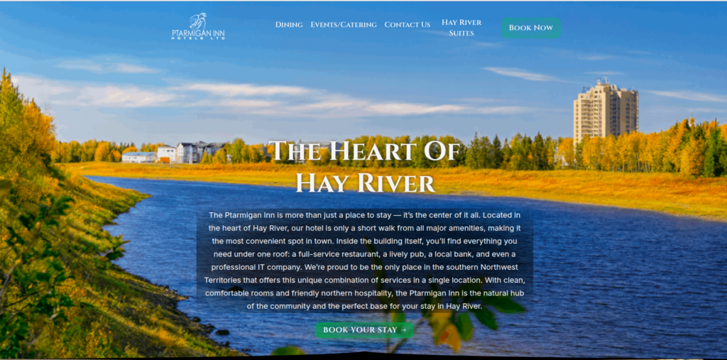 Custom web design for the Ptarmigan Inn in Hay River, featuring a high-performance, responsive hero section with scenic Northern autumn landscapes built by Cree IT.