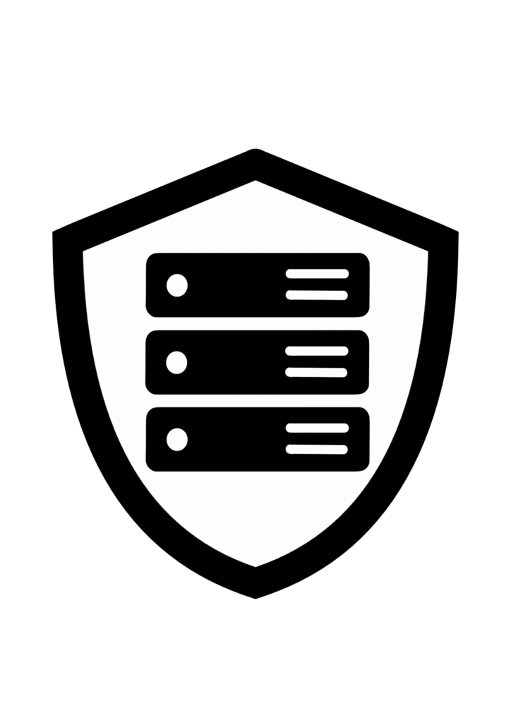 Business Servers icon – A professional server rack within a shield, representing high-availability on-premise and remote server solutions.